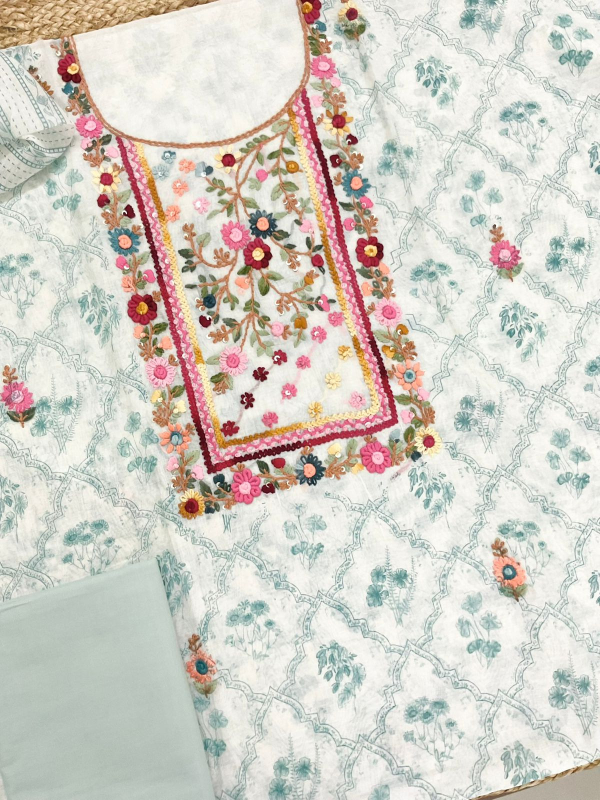 Pure Chanderi Printed Embroidered Suit - Off White