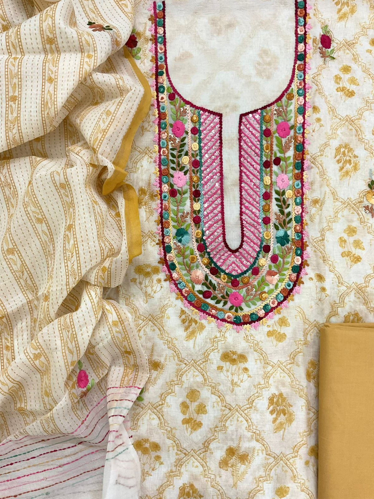 Pure Chanderi Printed Embroidered Suit - Off White