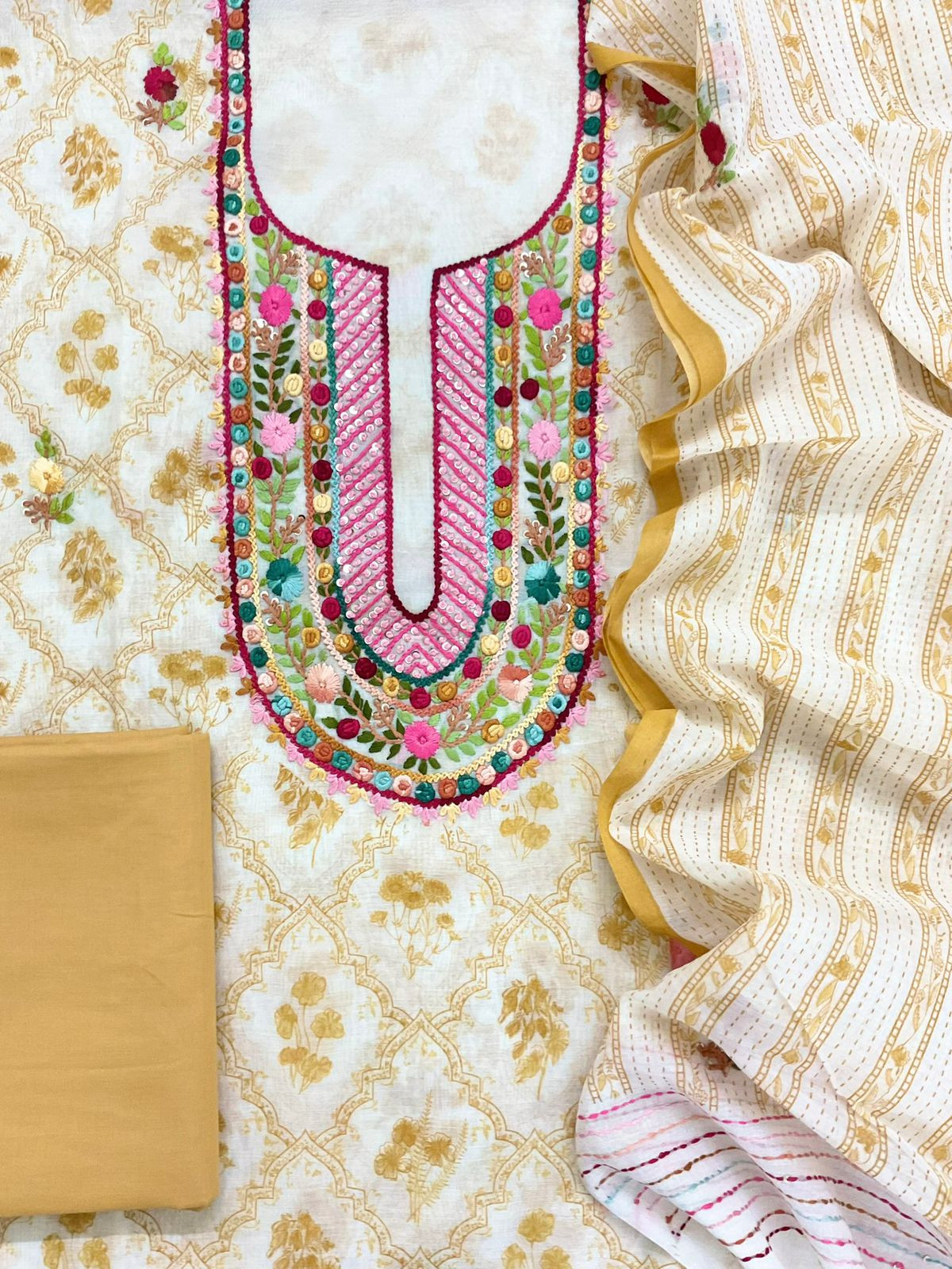 Pure Chanderi Printed Embroidered Suit - Off White
