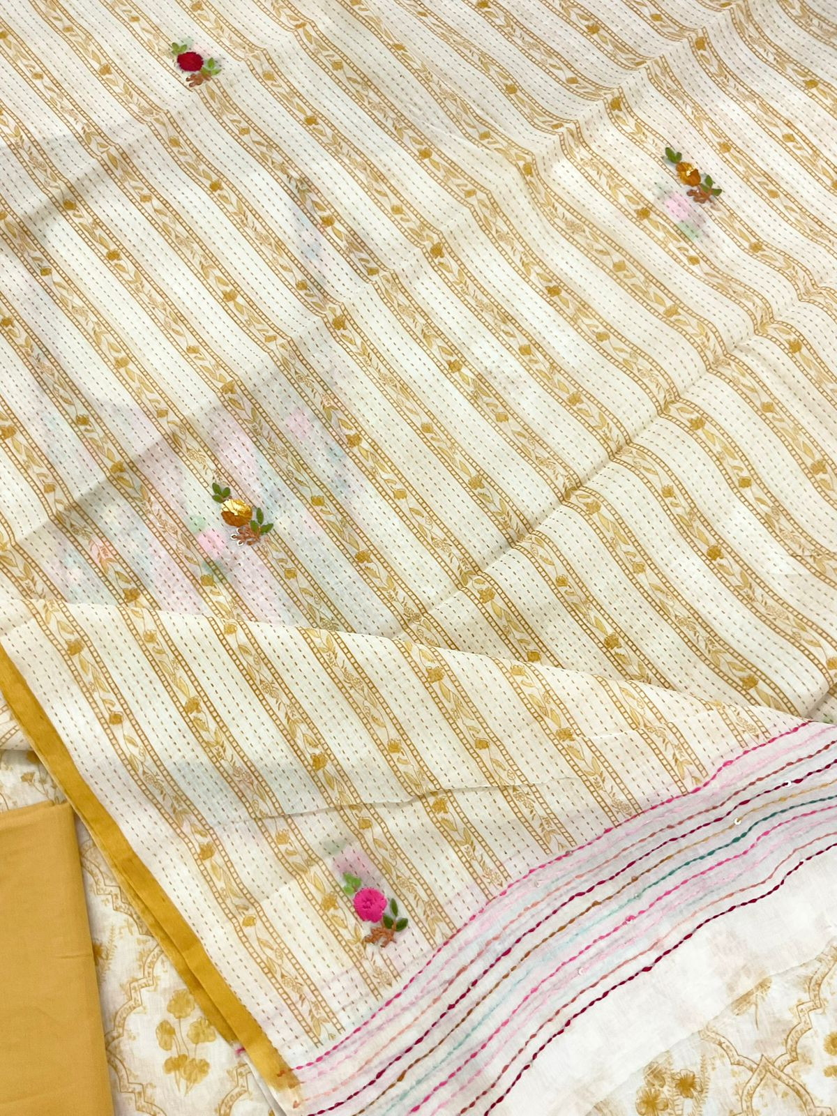 Pure Chanderi Printed Embroidered Suit - Off White