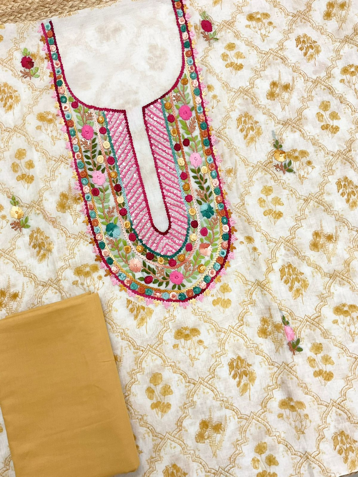 Pure Chanderi Printed Embroidered Suit - Off White