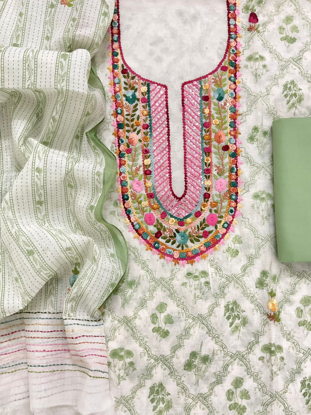 Pure Chanderi Printed Embroidered Suit - Off White