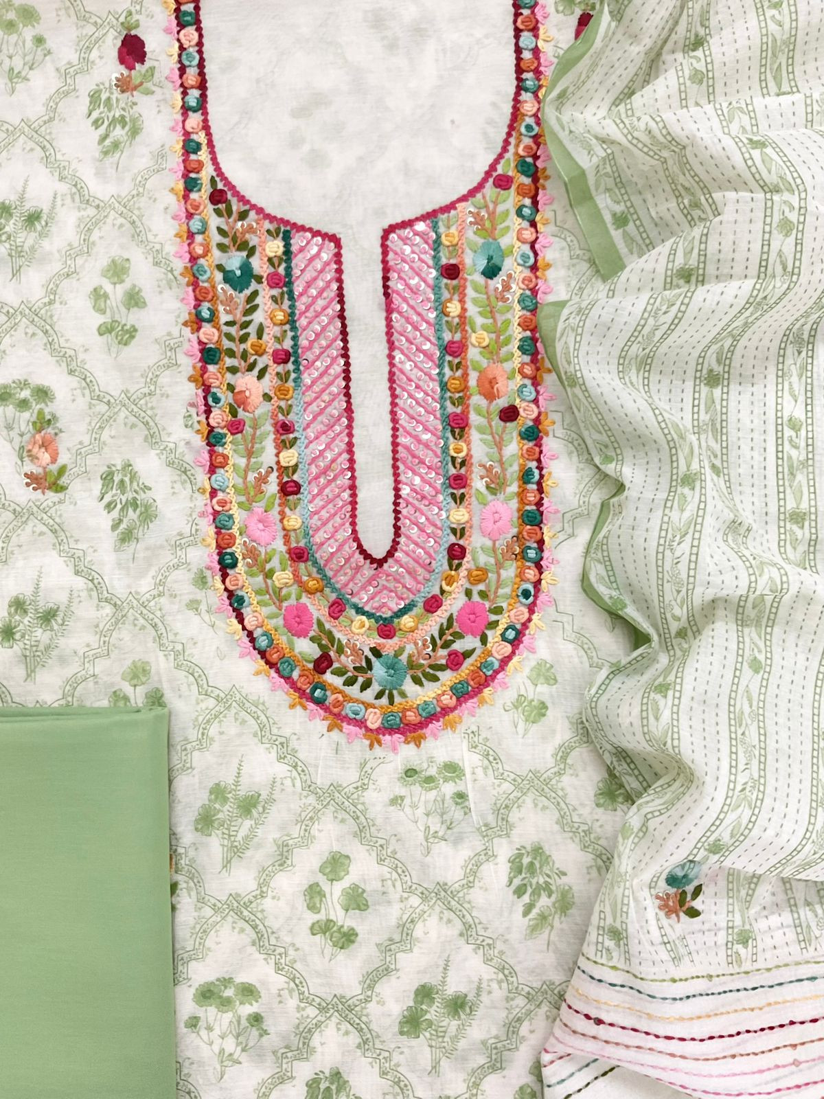 Pure Chanderi Printed Embroidered Suit - Off White