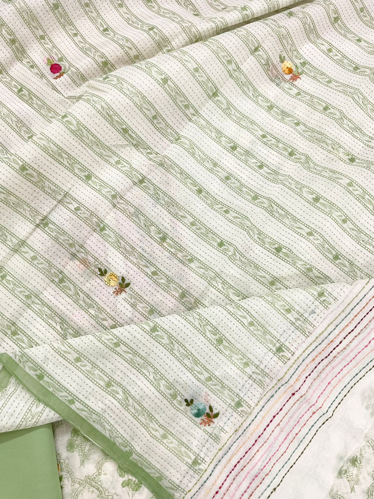 Pure Chanderi Printed Embroidered Suit - Off White