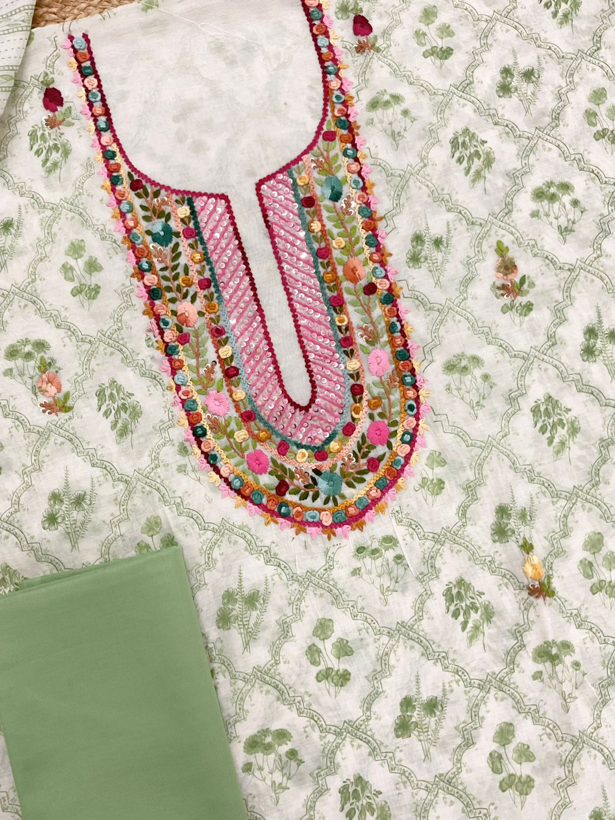 Pure Chanderi Printed Embroidered Suit - Off White