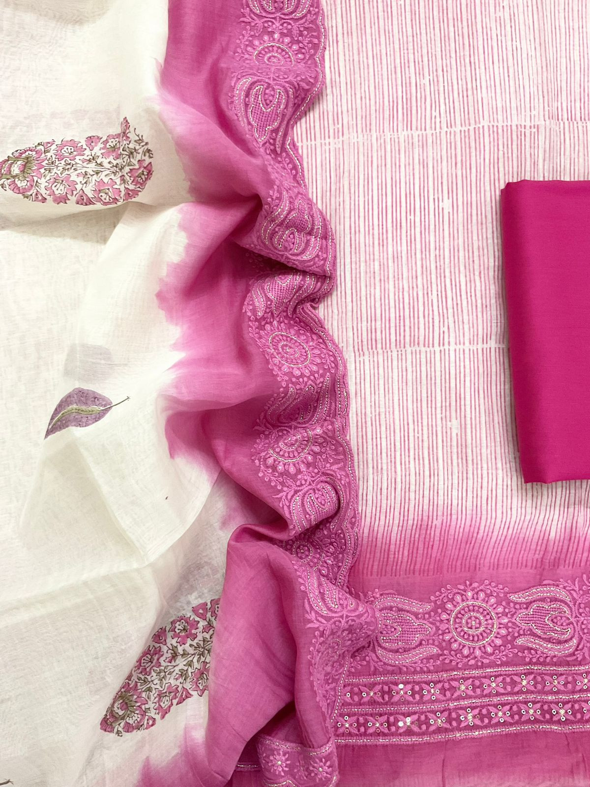 Pure Chanderi Block Printed Embroidered Suit - Pink