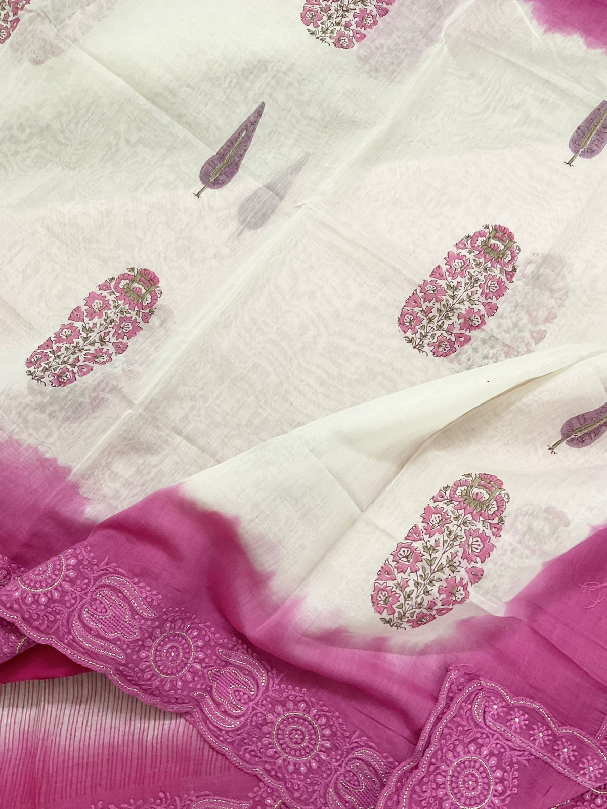 Pure Chanderi Block Printed Embroidered Suit - Pink