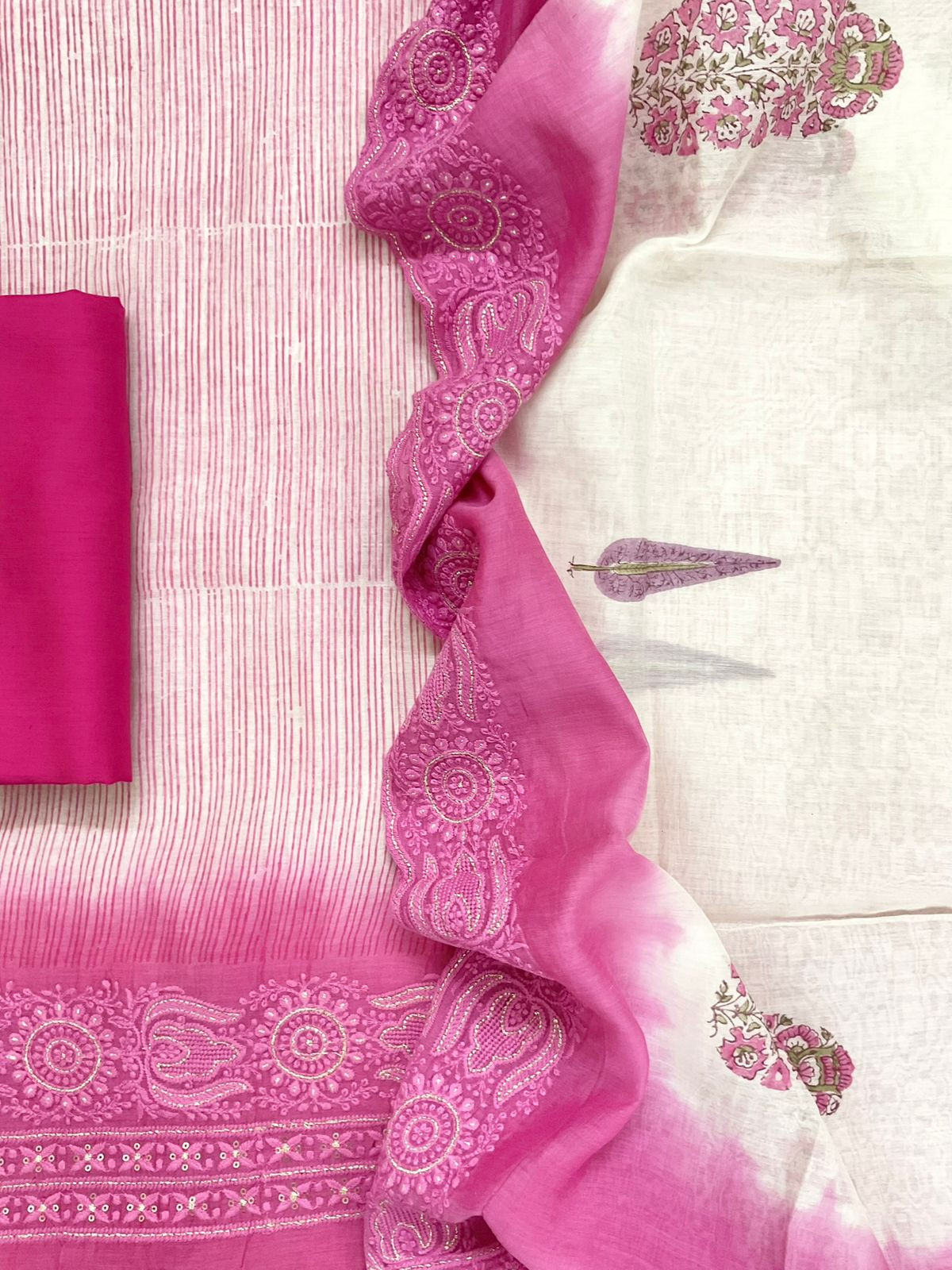 Pure Chanderi Block Printed Embroidered Suit - Pink