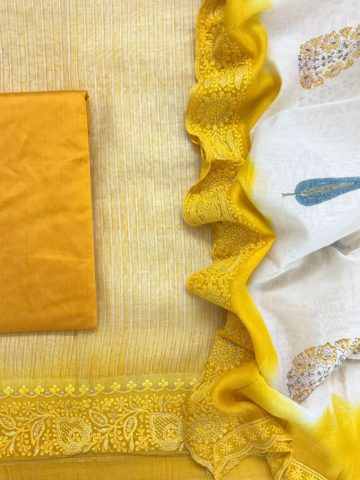 Pure Chanderi Block Printed Embroidered Suit - Yellow