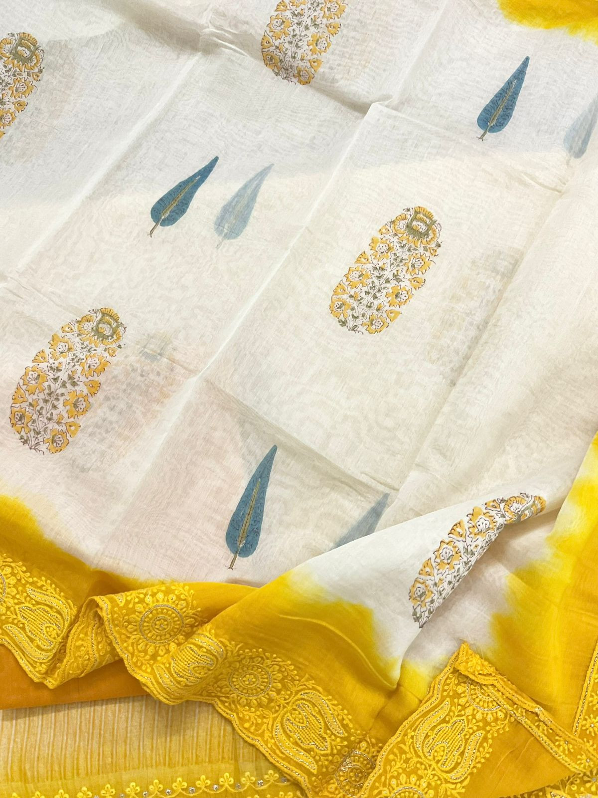 Pure Chanderi Block Printed Embroidered Suit - Yellow