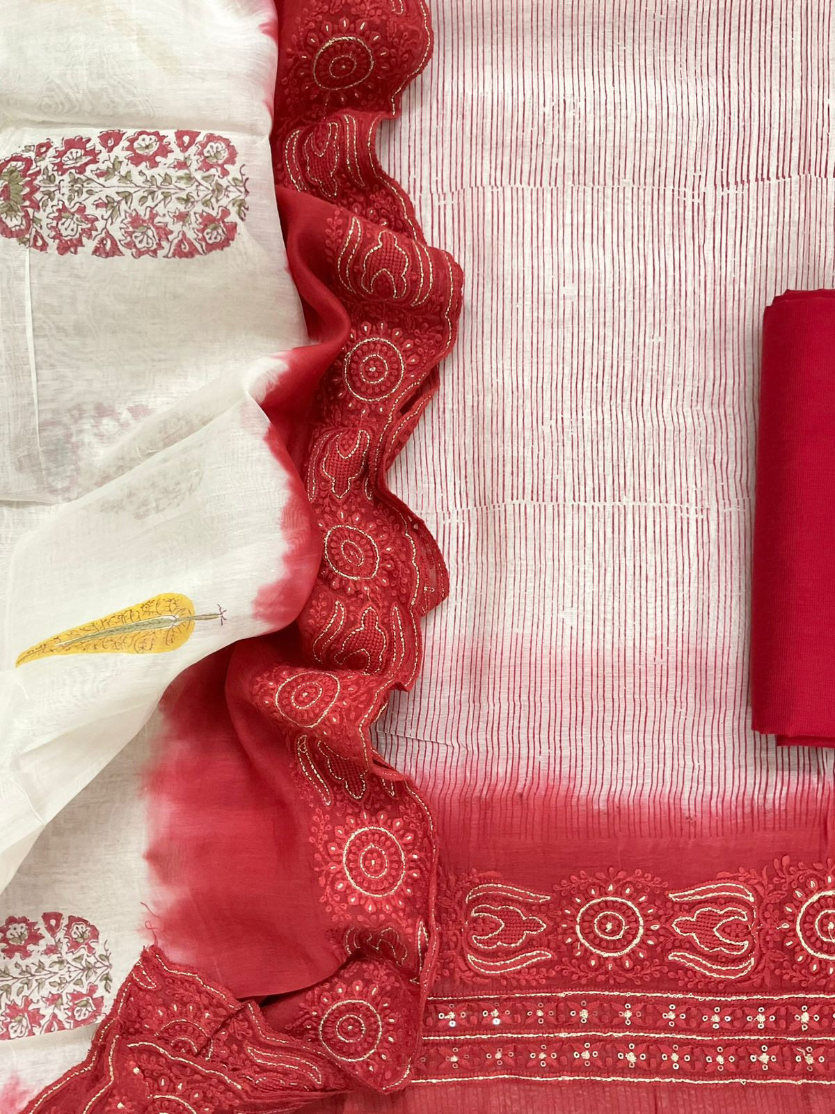 Pure Chanderi Block Printed Embroidered Suit - Red