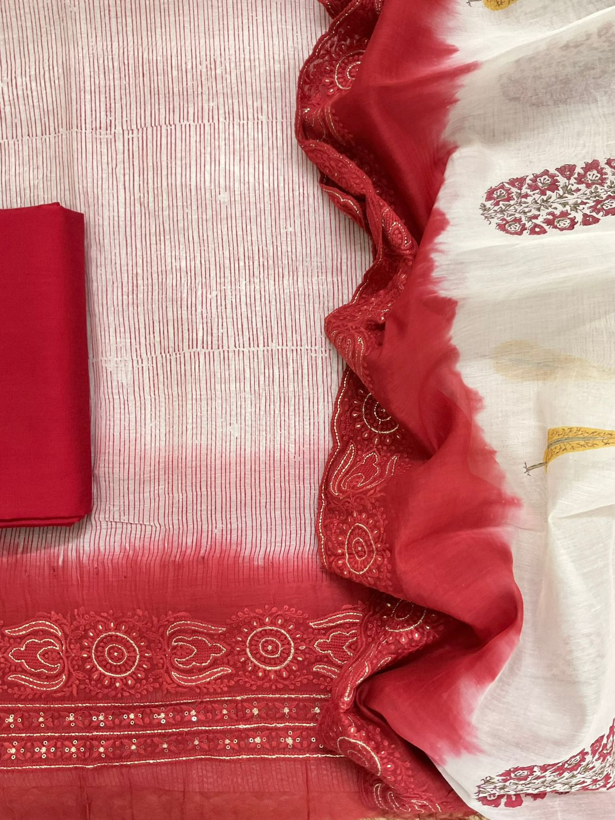Pure Chanderi Block Printed Embroidered Suit - Red