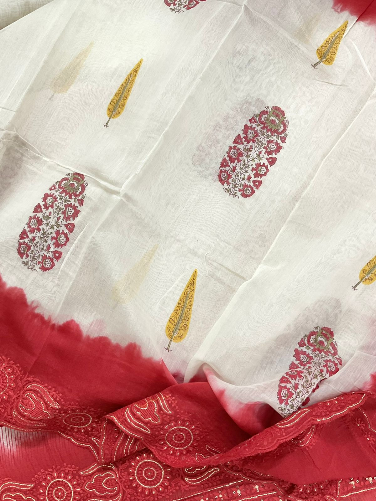 Pure Chanderi Block Printed Embroidered Suit - Red
