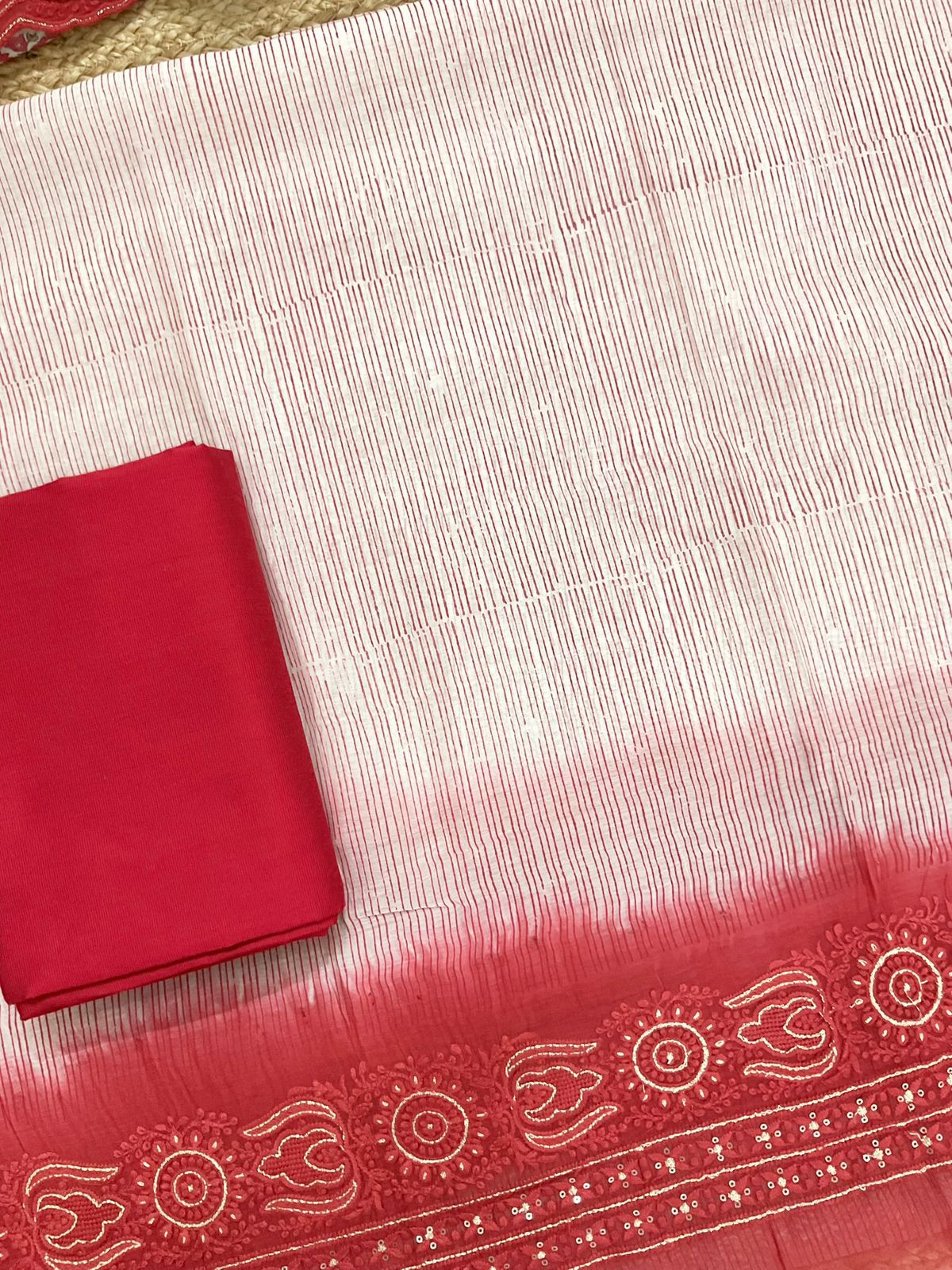 Pure Chanderi Block Printed Embroidered Suit - Red