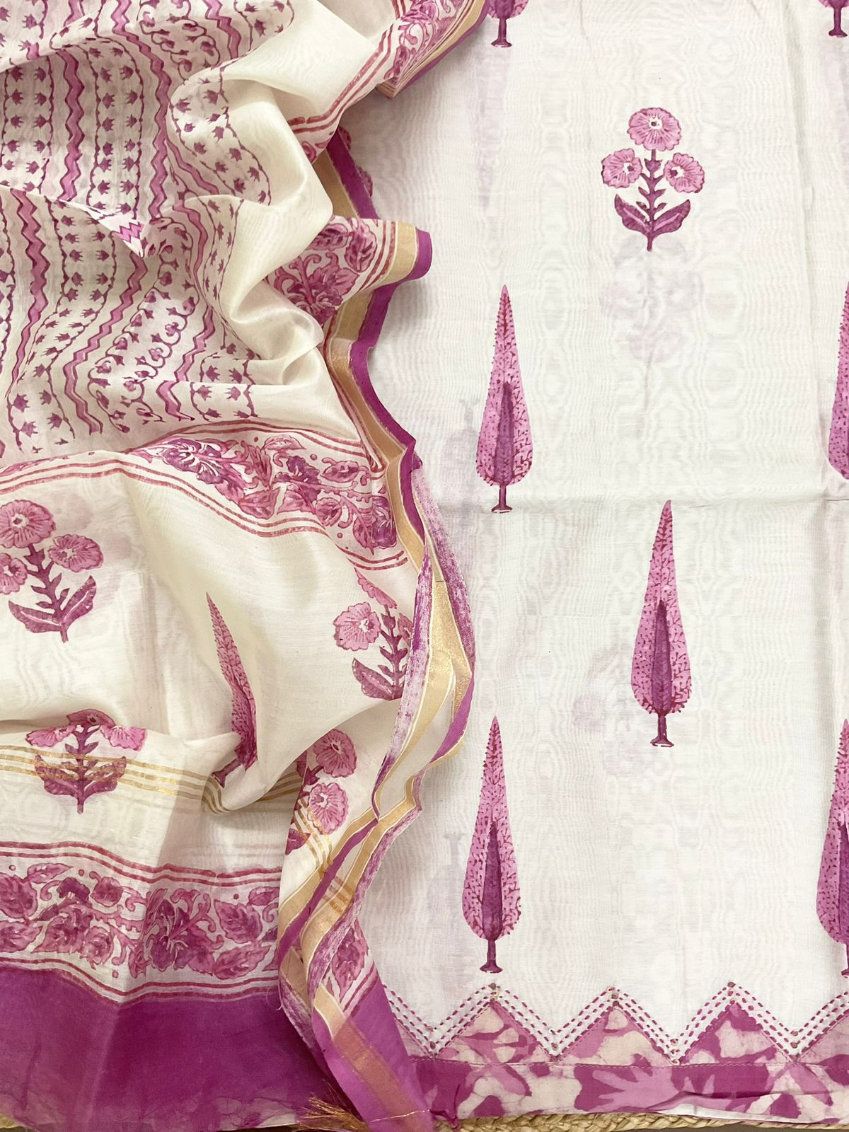 Soft Chanderi Block Printed Embroidered Border Suit - Off White