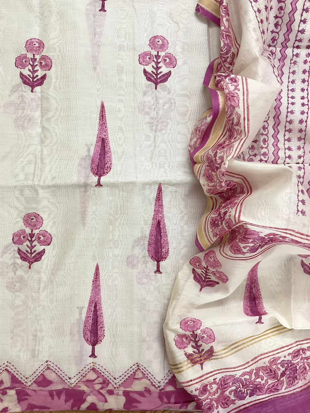 Soft Chanderi Block Printed Embroidered Border Suit - Off White