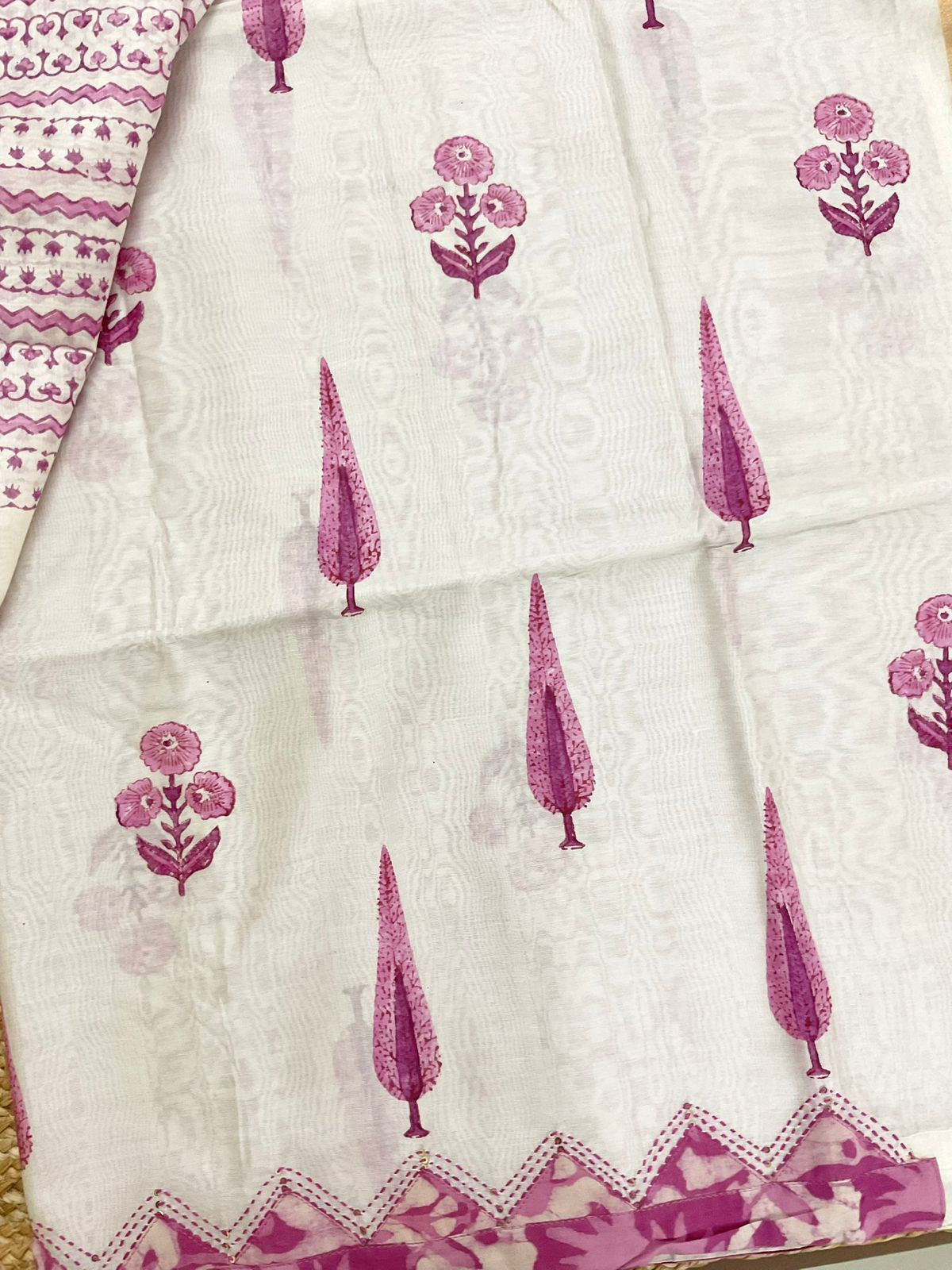 Soft Chanderi Block Printed Embroidered Border Suit - Off White