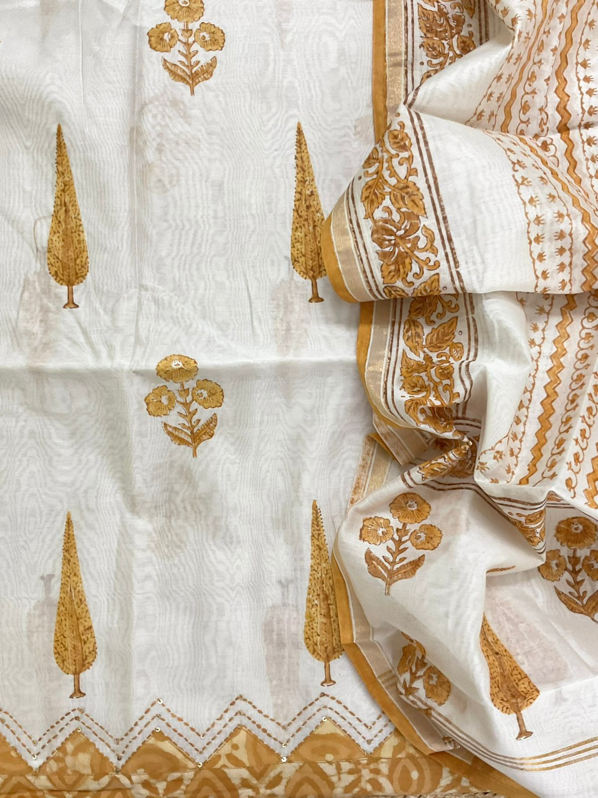 Soft Chanderi Block Printed Embroidered Border Suit - Off White