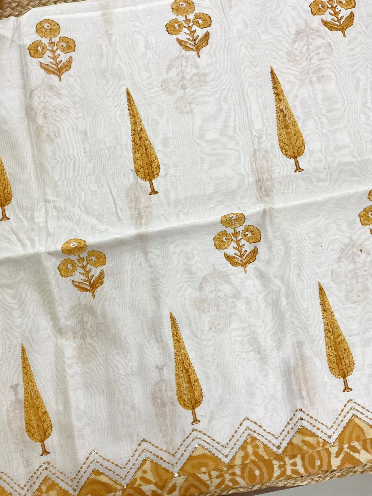 Soft Chanderi Block Printed Embroidered Border Suit - Off White