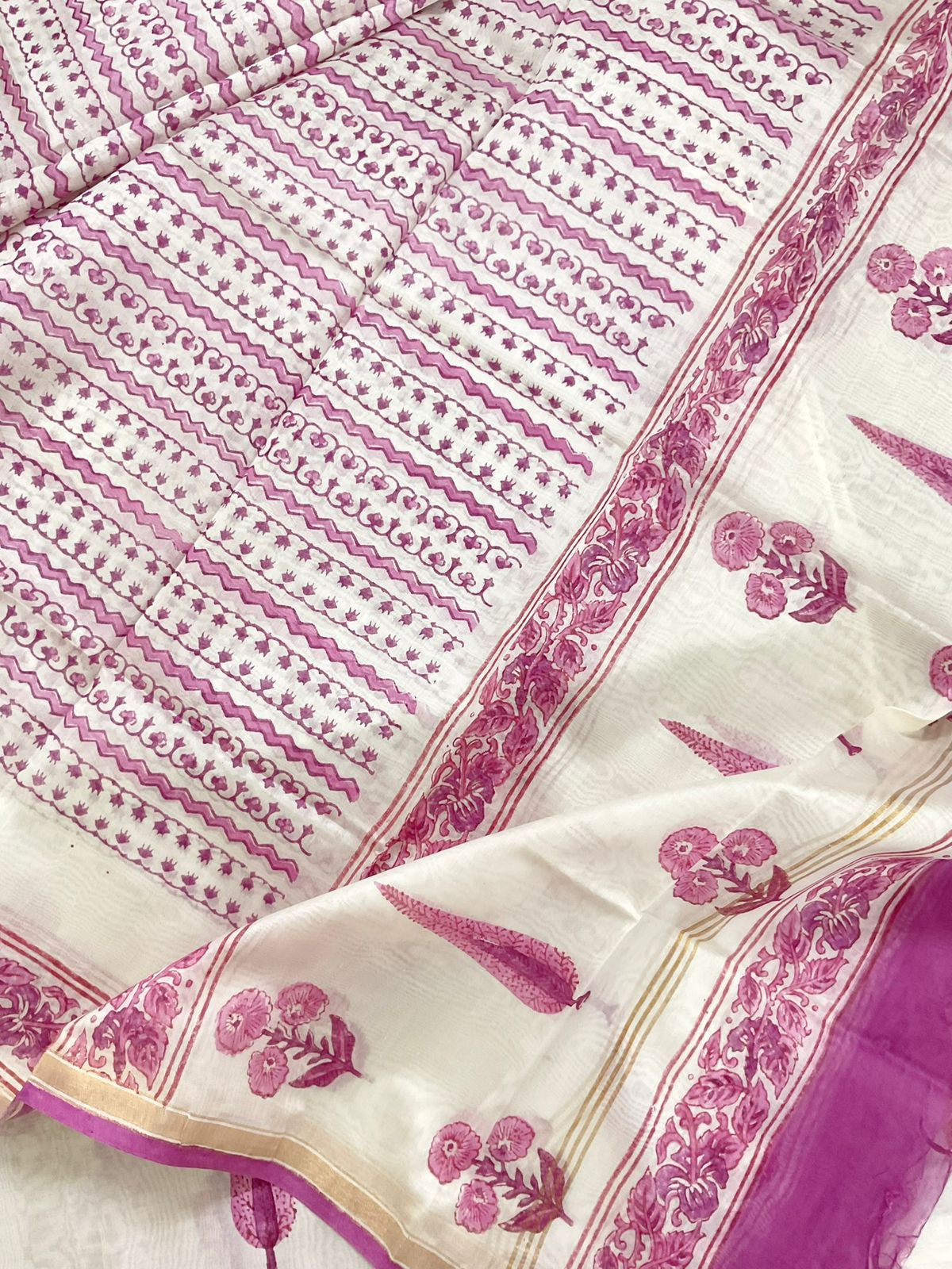 Soft Chanderi Block Printed Embroidered Border Suit - Off White