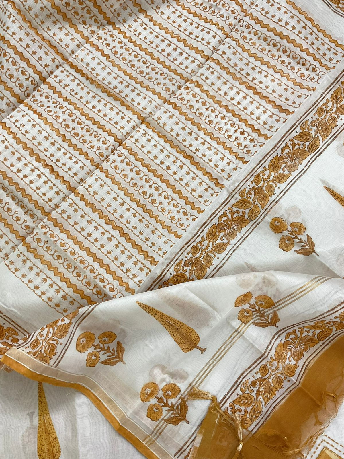 Soft Chanderi Block Printed Embroidered Border Suit - Off White