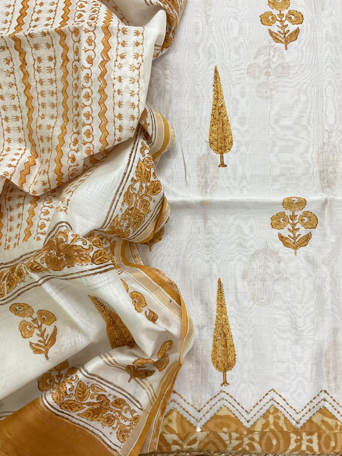 Soft Chanderi Block Printed Embroidered Border Suit - Off White