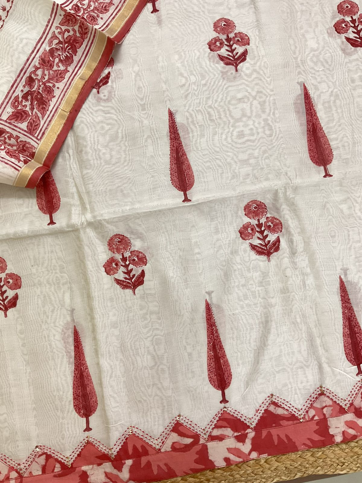 Soft Chanderi Block Printed Embroidered Border Suit - Off White