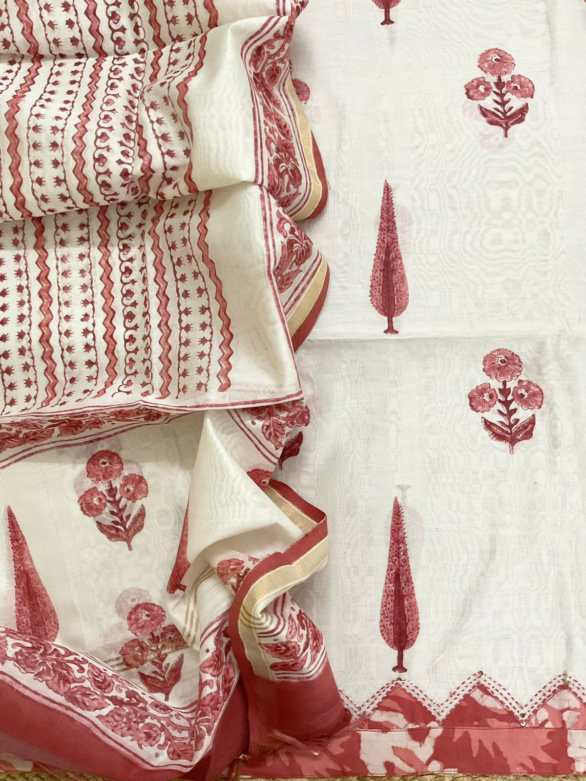 Soft Chanderi Block Printed Embroidered Border Suit - Off White