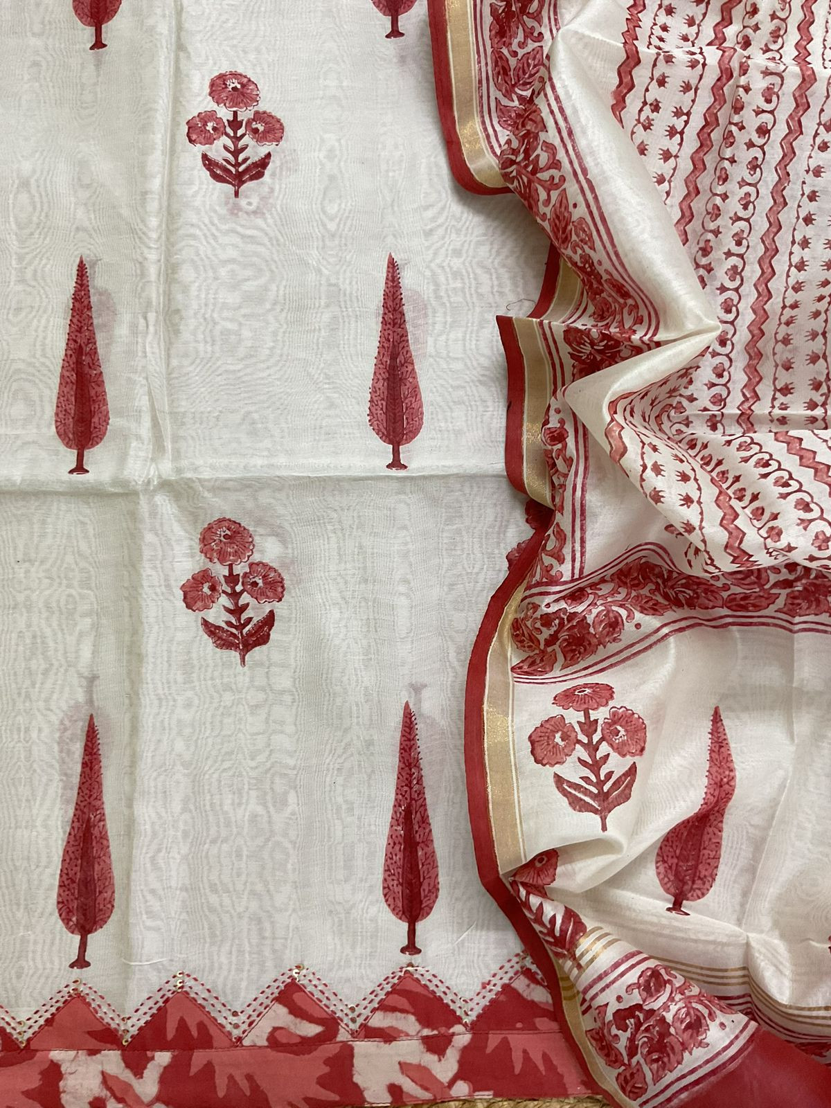 Soft Chanderi Block Printed Embroidered Border Suit - Off White
