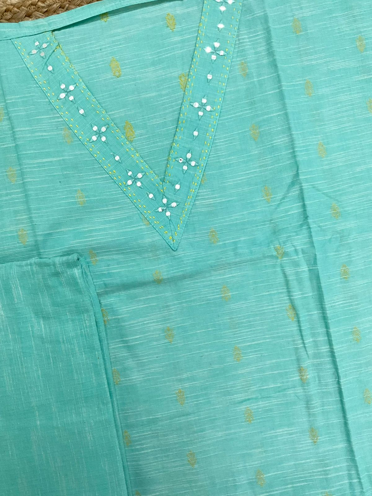 Pure Slub Cotton Self Weaved Embroidered Suit - Blue