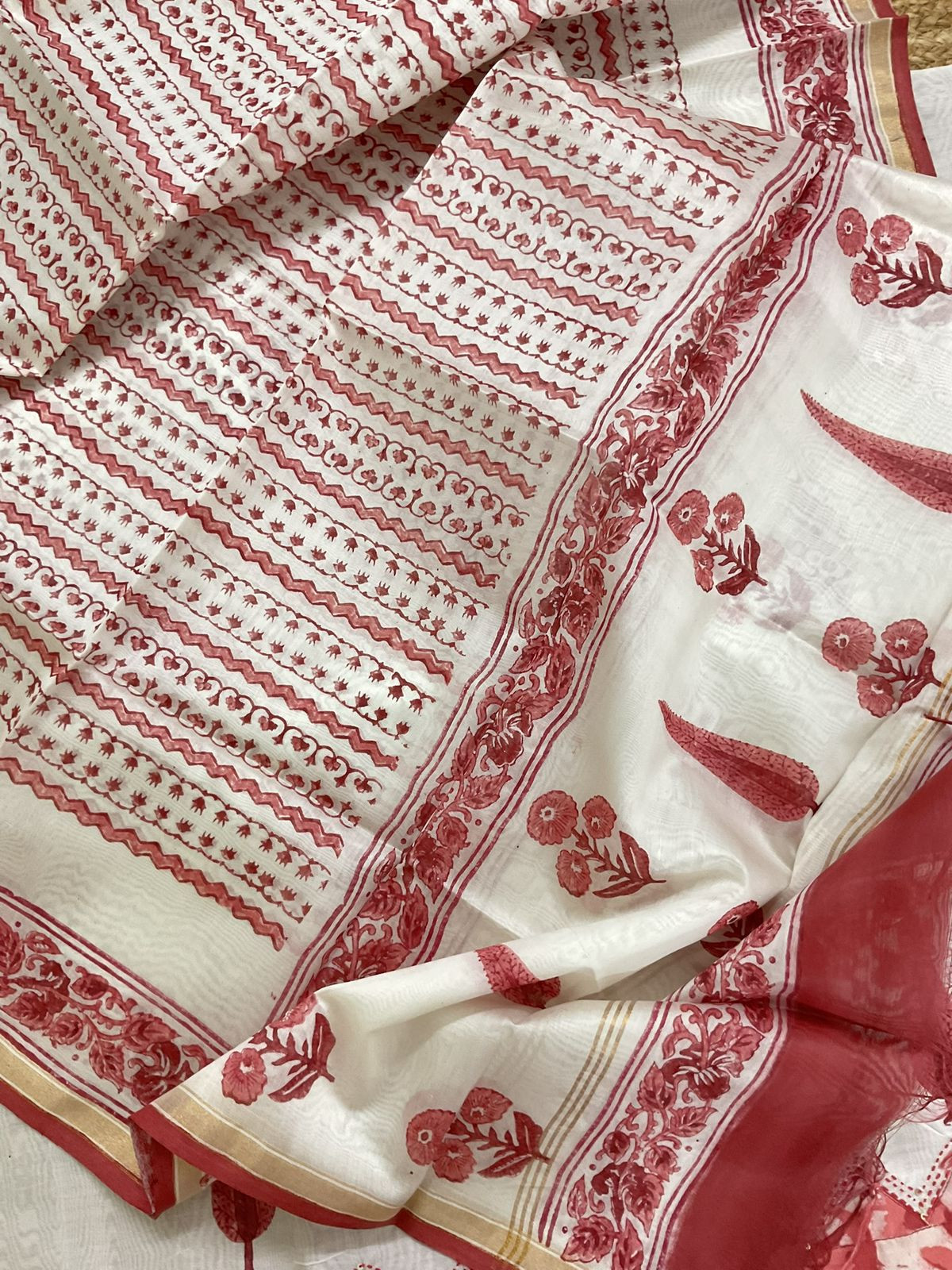 Soft Chanderi Block Printed Embroidered Border Suit - Off White