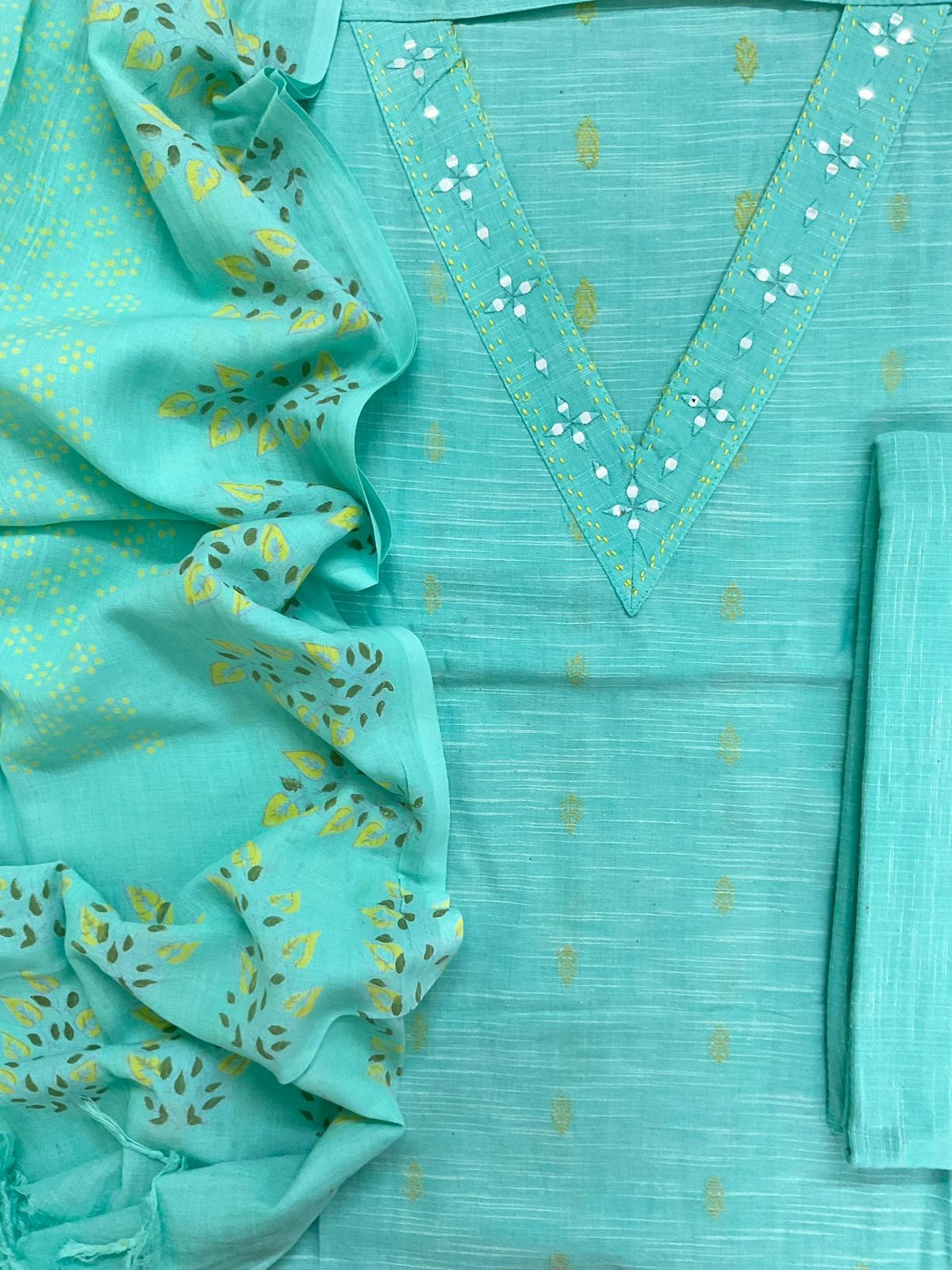 Pure Slub Cotton Self Weaved Embroidered Suit - Blue