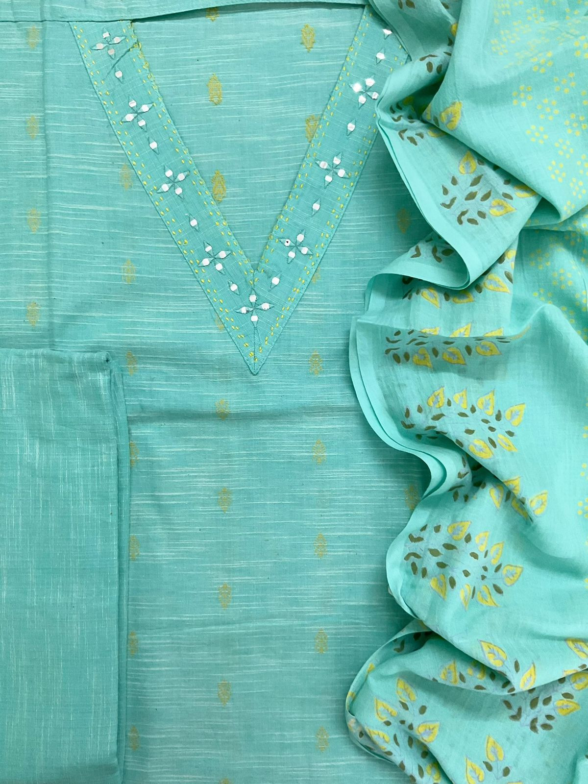 Pure Slub Cotton Self Weaved Embroidered Suit - Blue