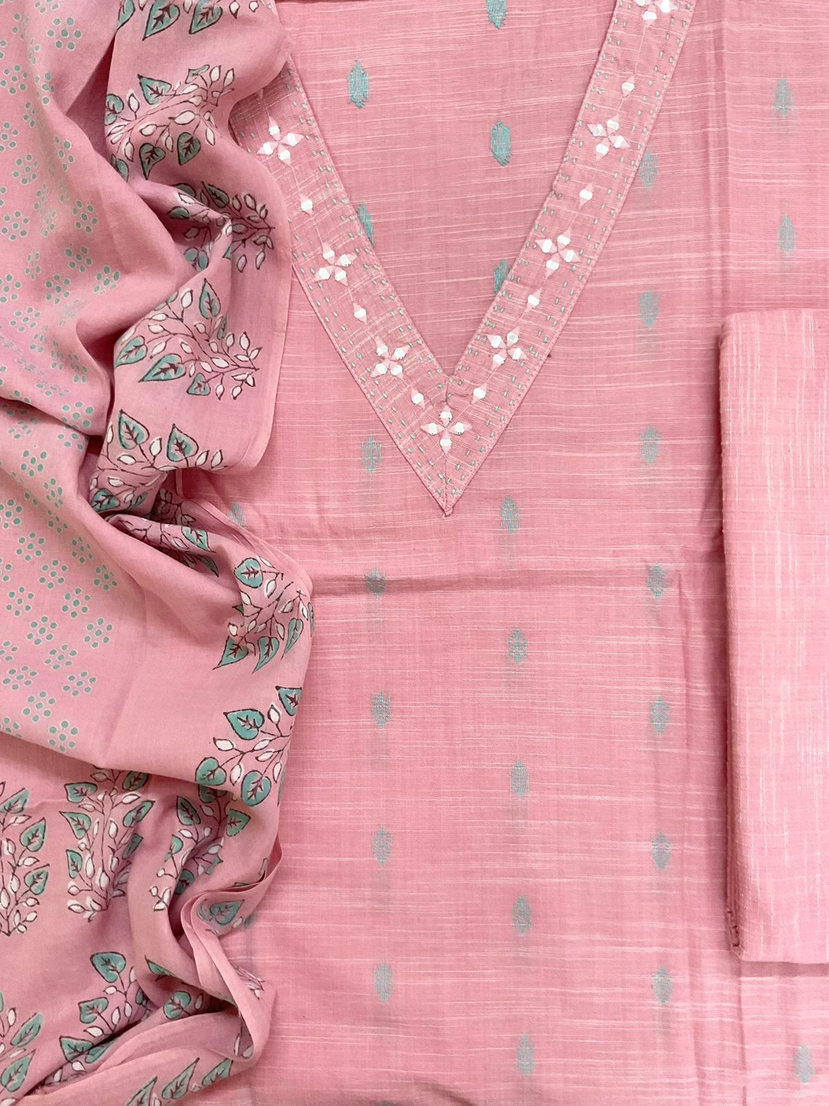 Pure Slub Cotton Self Weaved Embroidered Suit - Pink