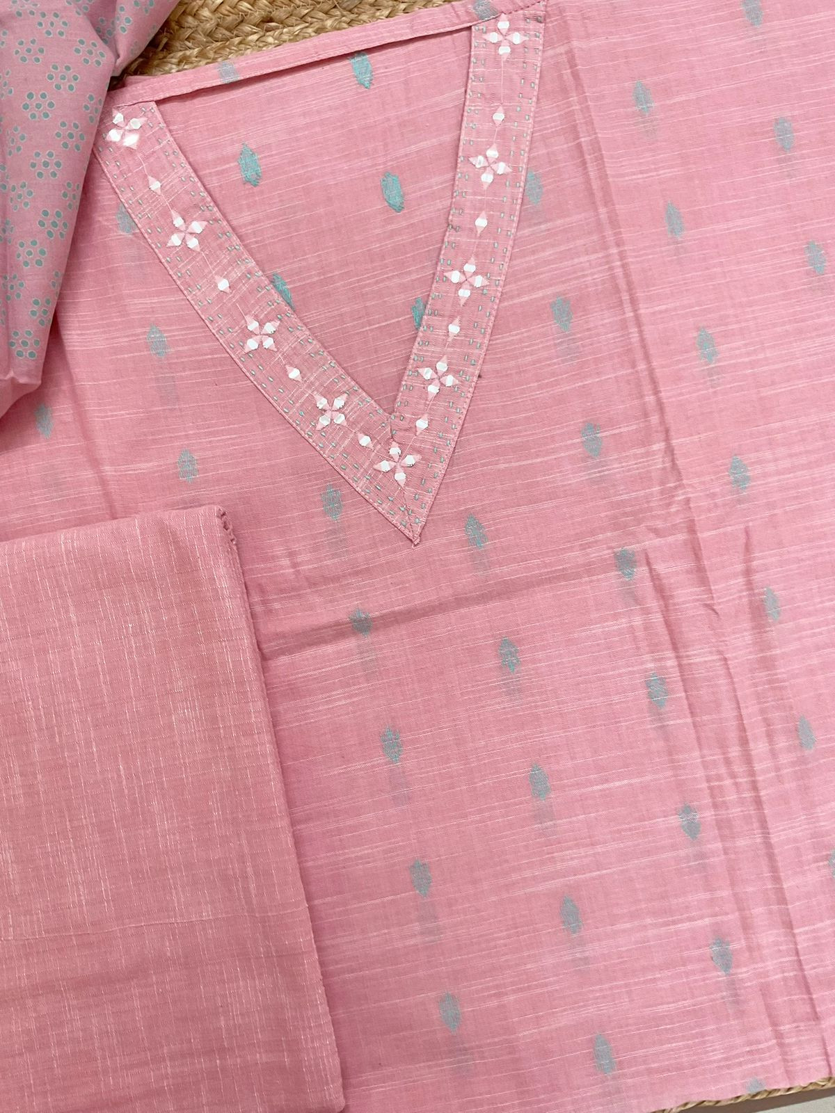 Pure Slub Cotton Self Weaved Embroidered Suit - Pink
