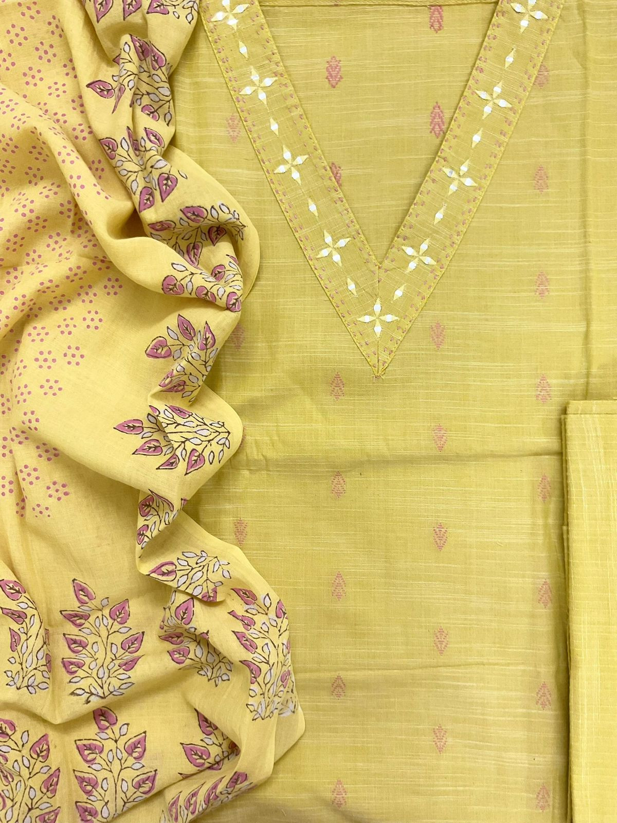 Pure Slub Cotton Self Weaved Embroidered Suit - Yellow