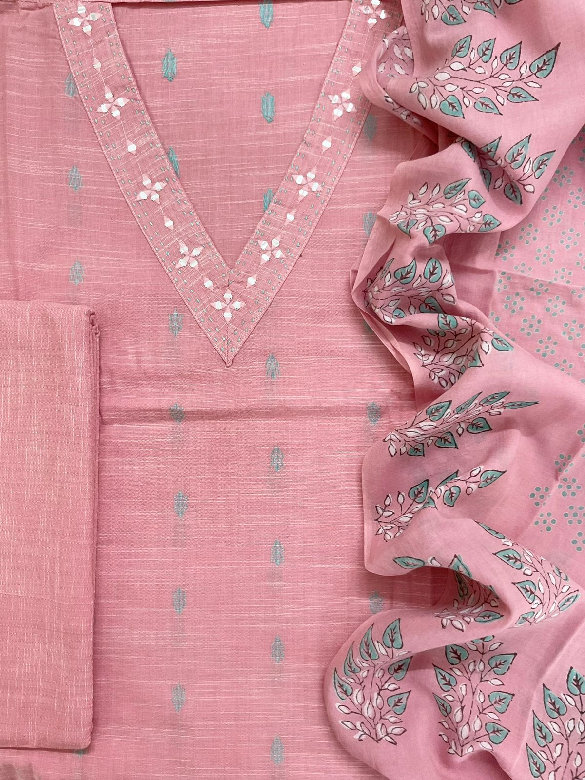 Pure Slub Cotton Self Weaved Embroidered Suit - Pink