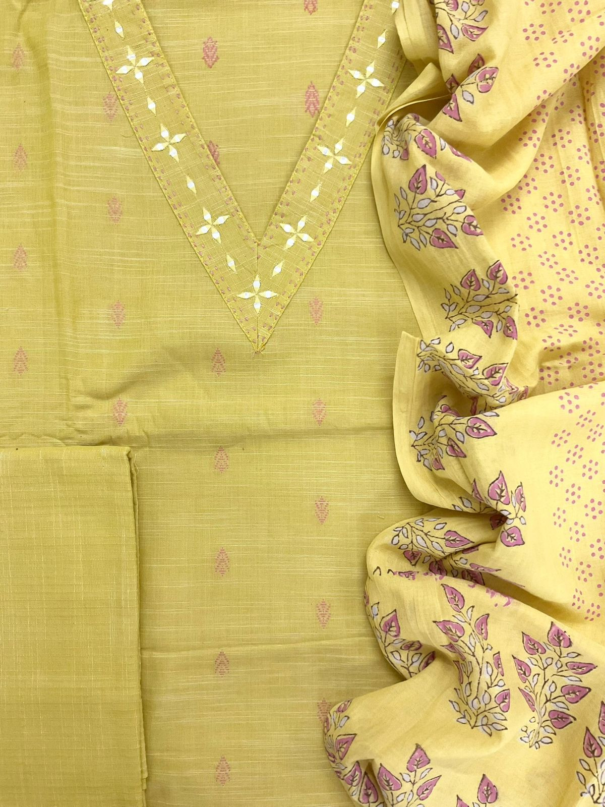 Pure Slub Cotton Self Weaved Embroidered Suit - Yellow