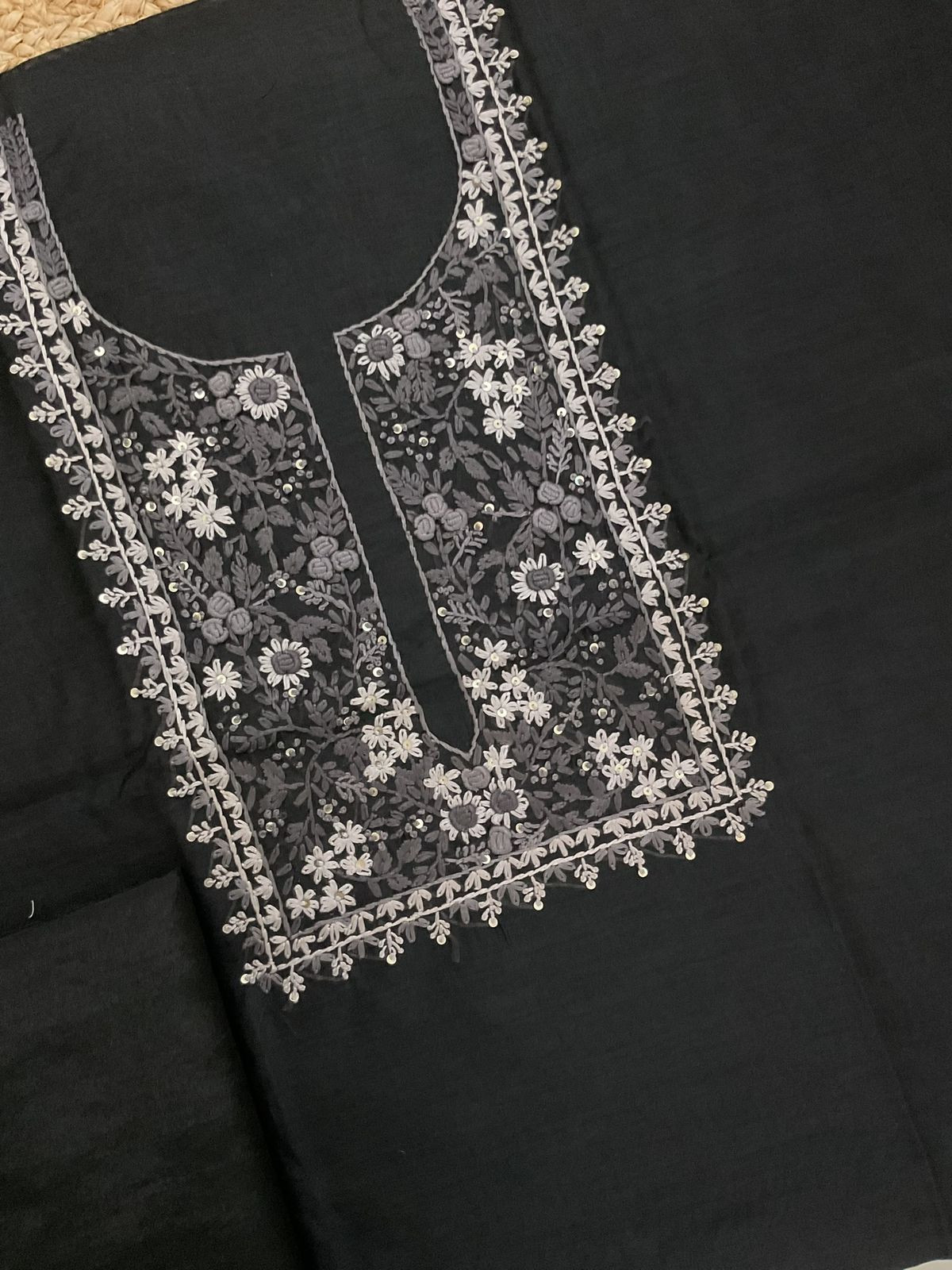 Soft Kora Chanderi Jamdani Weaved Embroidered Suit - Black