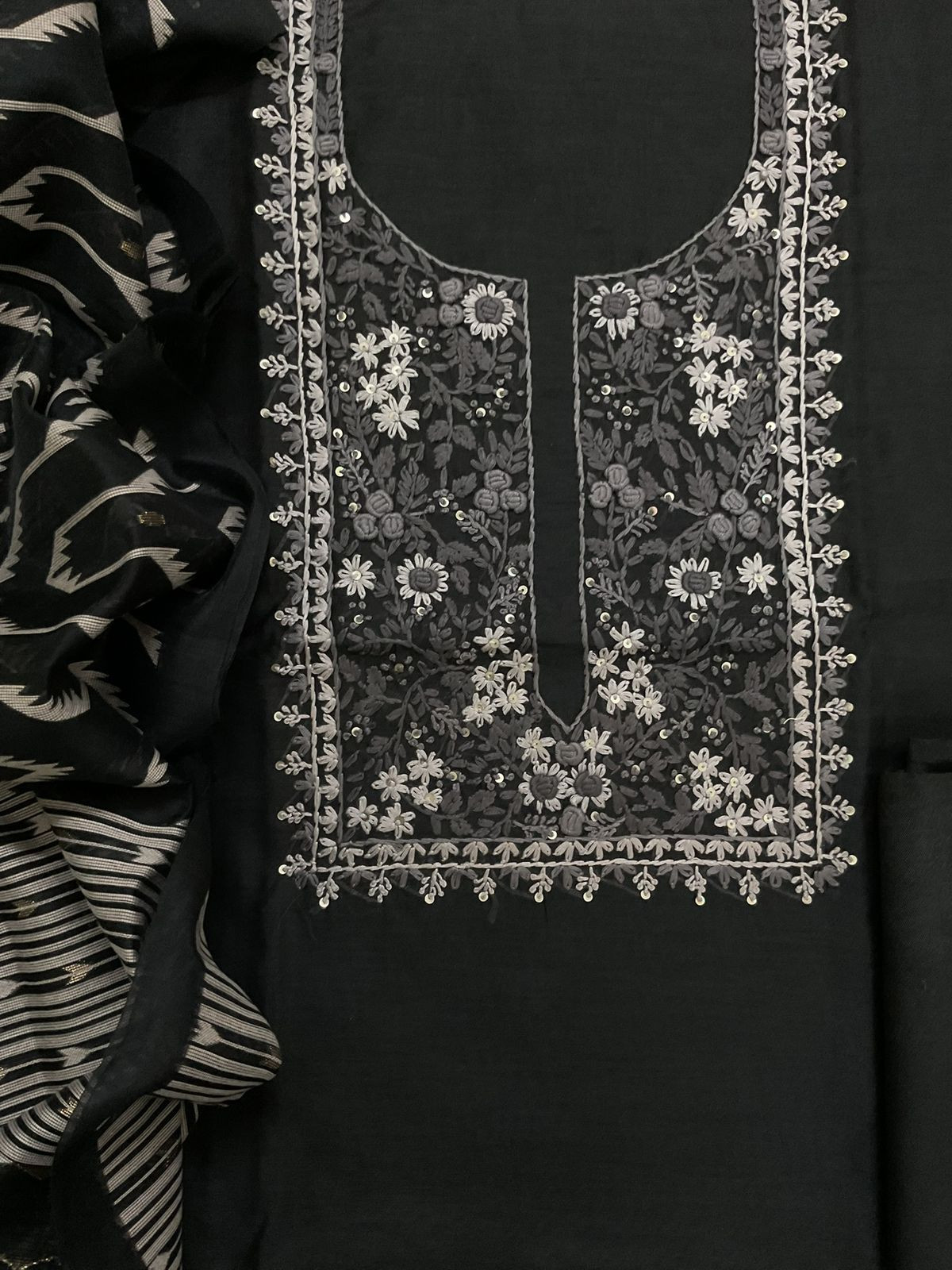 Soft Kora Chanderi Jamdani Weaved Embroidered Suit - Black