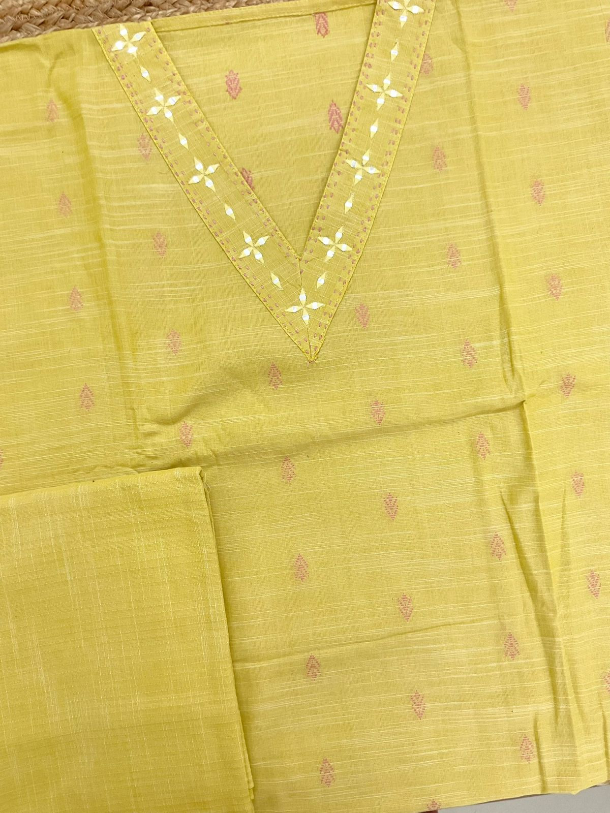 Pure Slub Cotton Self Weaved Embroidered Suit - Yellow