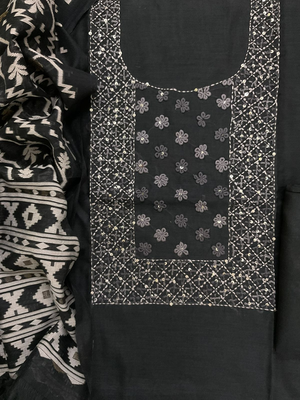 Soft Kora Chanderi Jamdani Weaved Embroidered Suit - Black