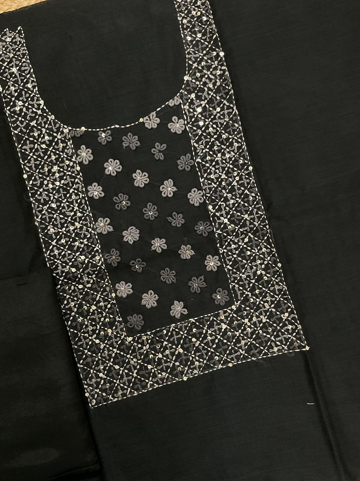 Soft Kora Chanderi Jamdani Weaved Embroidered Suit - Black