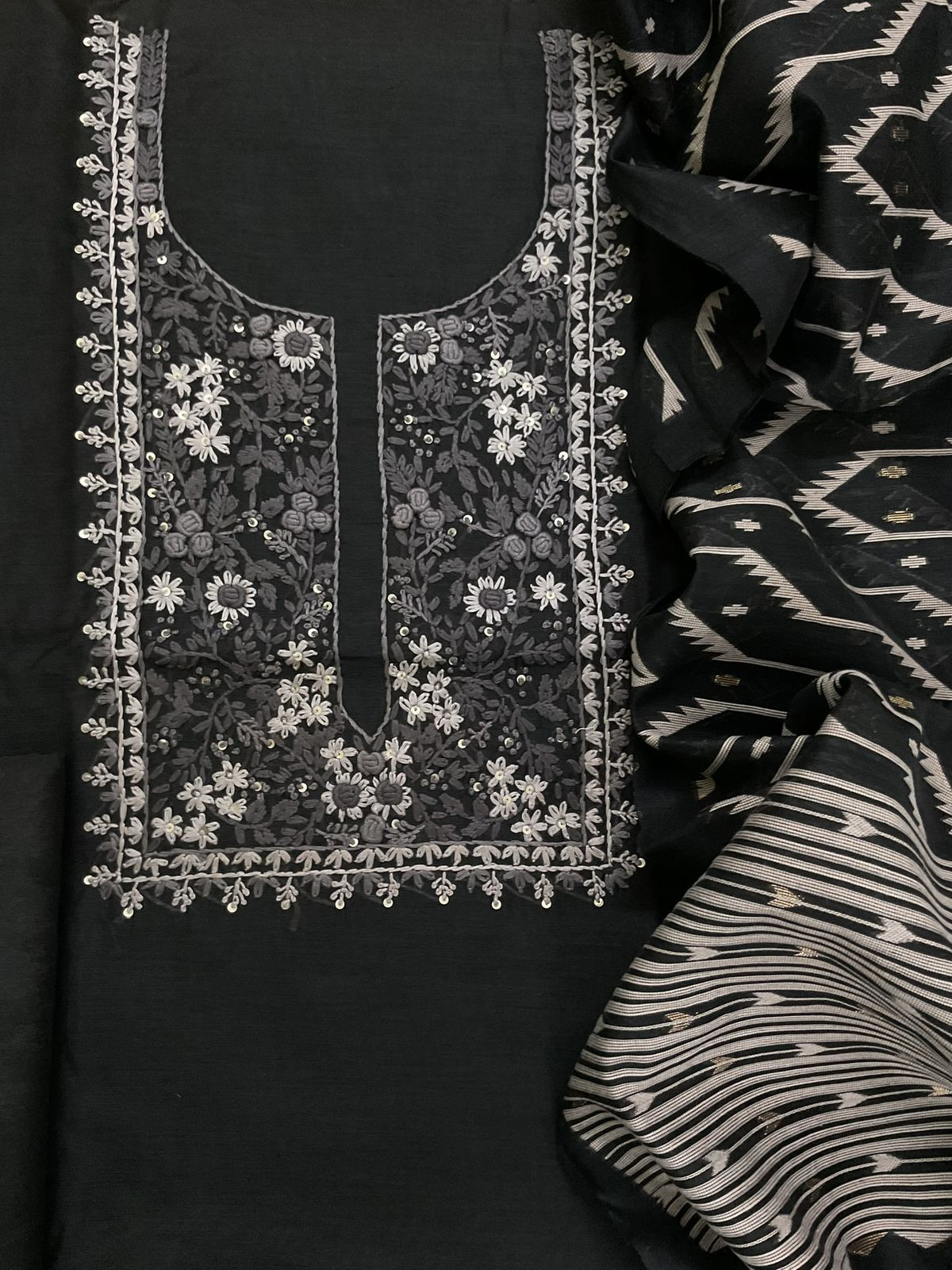 Soft Kora Chanderi Jamdani Weaved Embroidered Suit - Black