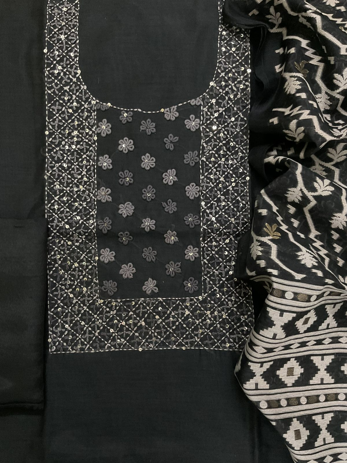 Soft Kora Chanderi Jamdani Weaved Embroidered Suit - Black