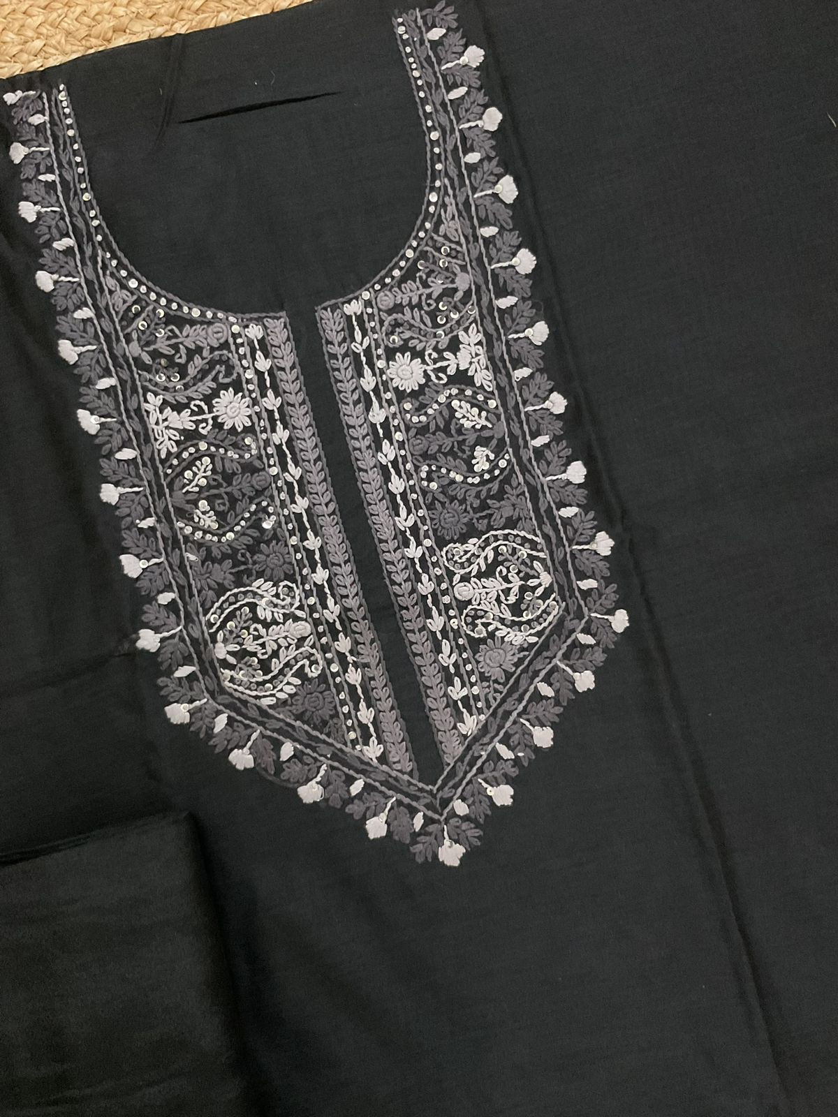 Soft Kora Chanderi Jamdani Weaved Embroidered Suit - Black
