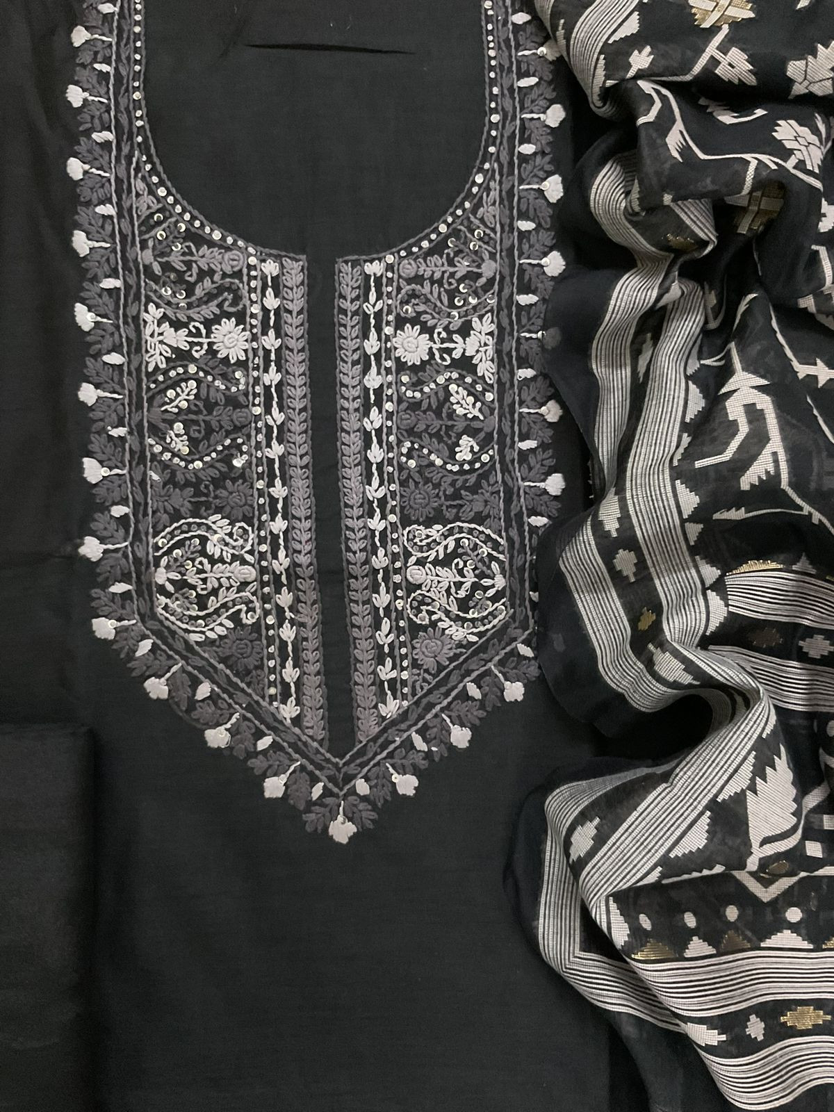 Soft Kora Chanderi Jamdani Weaved Embroidered Suit - Black