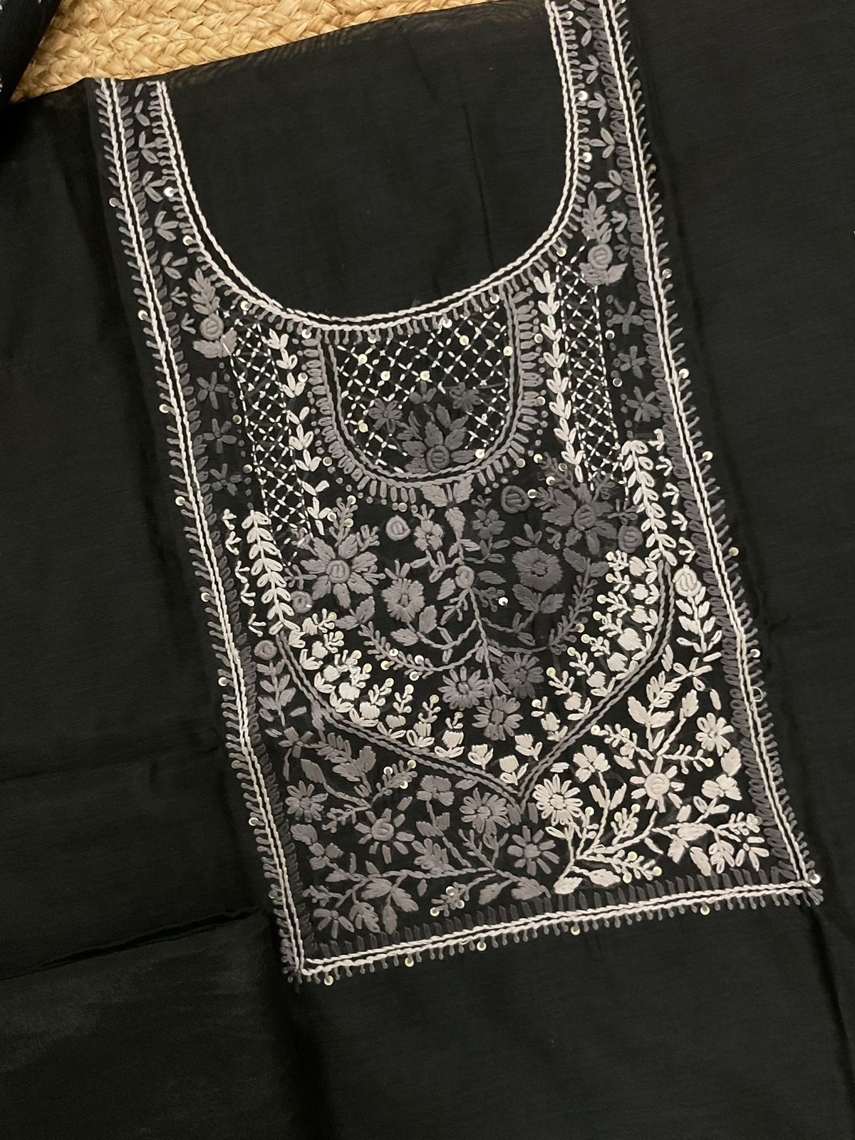 Soft Kora Chanderi Jamdani Weaved Embroidered Suit - Black