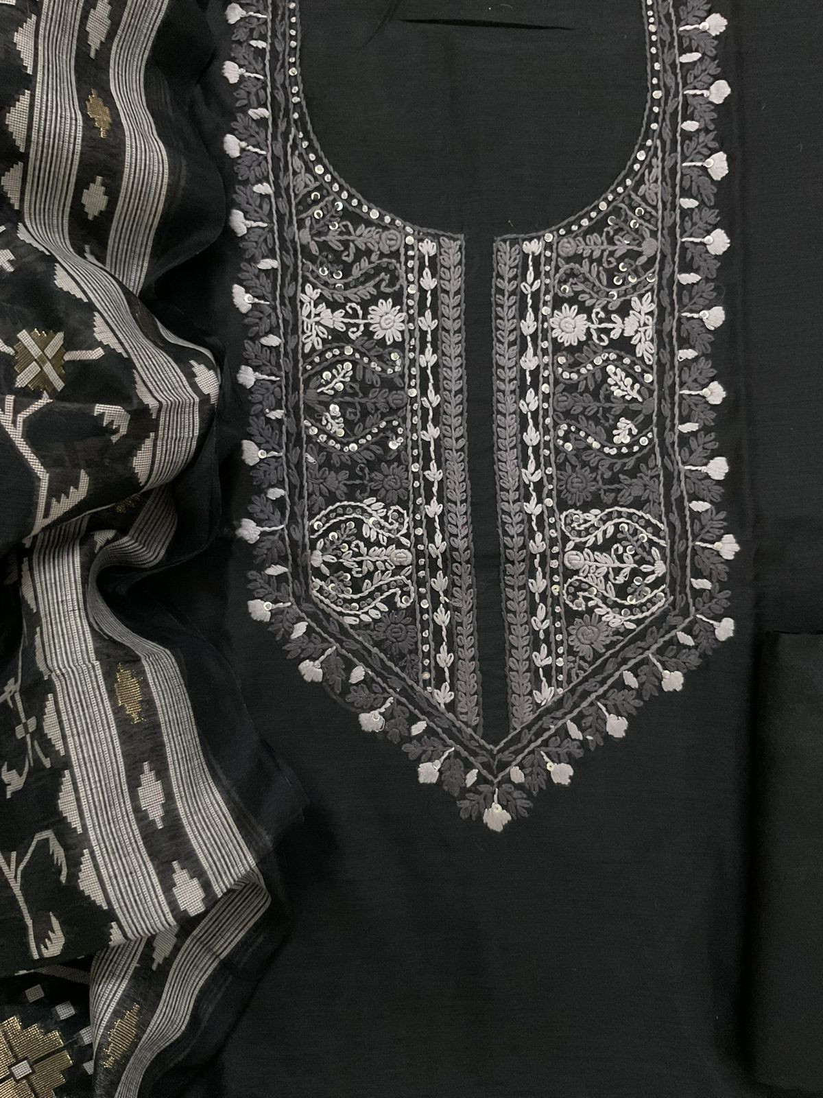 Soft Kora Chanderi Jamdani Weaved Embroidered Suit - Black