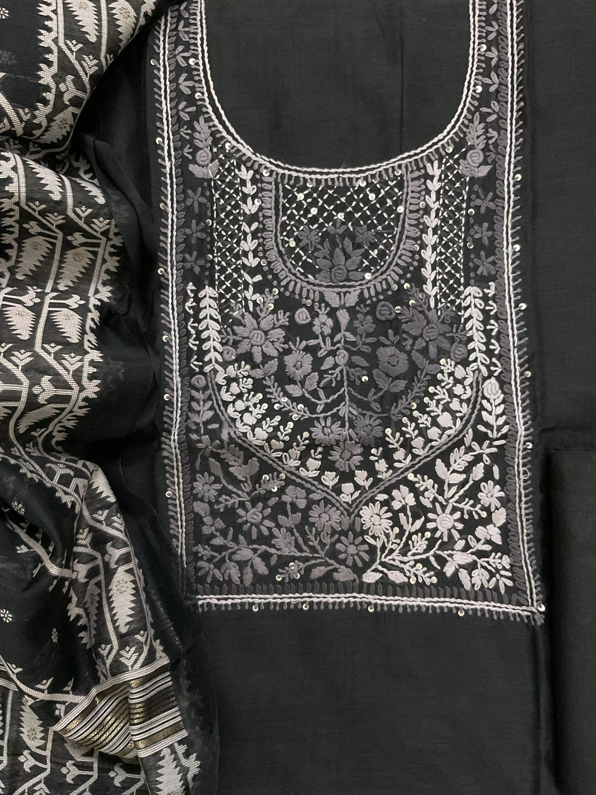 Soft Kora Chanderi Jamdani Weaved Embroidered Suit - Black